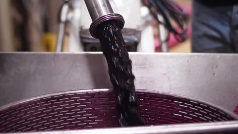 Red wine flows out  from tap of a tank inside a wine cellar slow motion Stock-Footage 80962028