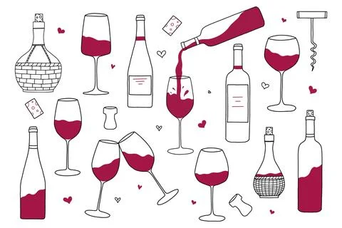 Red wine, glass, corkscrew. Stock Illustration