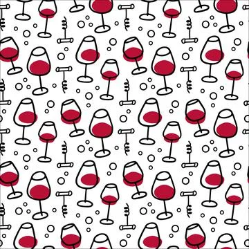 Red Wine glasses seamless pattern. Hand drawn doodle vector in linear イラスト素材