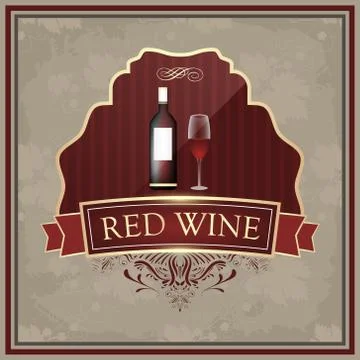 Red wine label with bottle and glasses on vintage paper. 스톡 일러스트