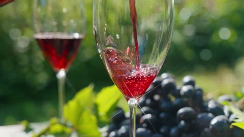 Red Wine Poured Into Two Glasses During Romantic Outdoor Date, fresh grape clust Stock Footage 336928631