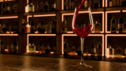 Red wine pouring in slow motion. Cozy evening bar celebration Stock Footage 295211891