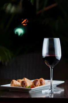 Red Wine &amp; Spring Roll Stock Photos