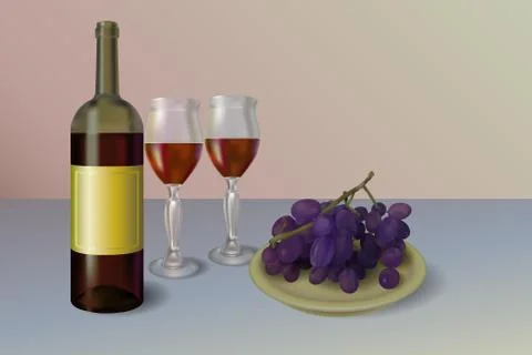 Red wine vector illustration. Wine bottle with two glasses and grapes Stock Illustration