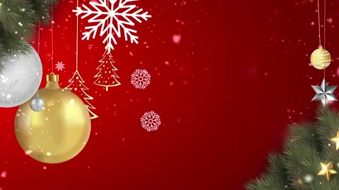 Red winter background with animated Christmas tree toys, a Christmas tree branch Video stock 166707573