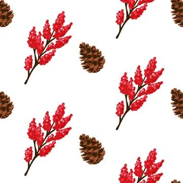 Red Winter Berries and Pine Cones Seamless Pattern Stock Illustration