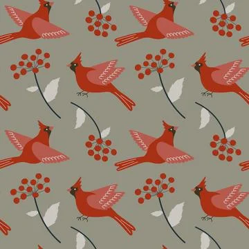 Red winter birds seamless pattern. Northern cardinal birds and red rowan berries Stock Illustration