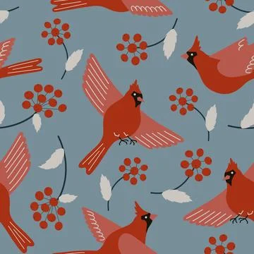 Red winter birds seamless pattern. Northern cardinal birds and red rowan berries Stock Illustration