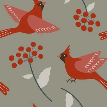 Red winter birds seamless pattern. Northern cardinal birds and red rowan berries Stock Illustration