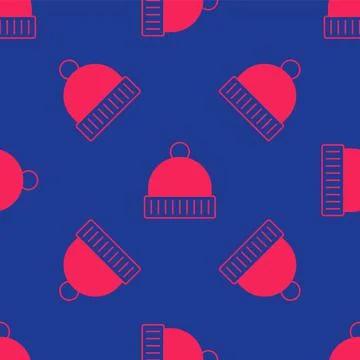 Red Winter hat icon isolated seamless pattern on blue background. Vector Stockillustratie