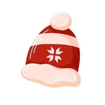 Red winter hat with a snowflake design and white fluffy trim in cartoon style Stock Illustration