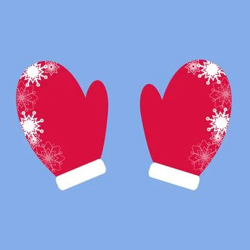 Red winter mittens with Christmas snowflakes on a blue background Stock Illustration