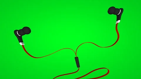 Red Wired Earbuds With Flat Cable and 3.5mm Jack on Green Screen Music Head.. Stock Footage 331041594