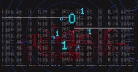 Red wireframe cityscape floating in interface, showing gridlines, data table and Stock Illustration