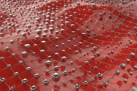 Red wireframe metallic cubes mesh with ball wave landscape abstract background Illustrazione stock