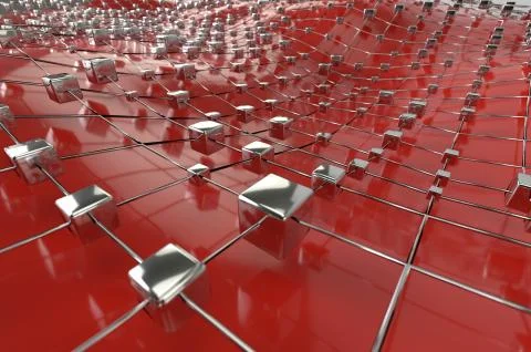 Red wireframe metallic cubes mesh with ball wave landscape abstract background Illustrazione stock