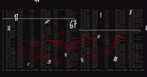 Red wireframe skyline rising over analytics console as live data updating Stock-Fotos