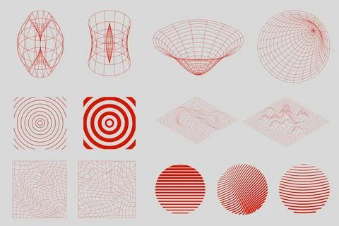 Red wireframe structures, waveforms, and geometric grids arranged in symmetrical Stock Illustration