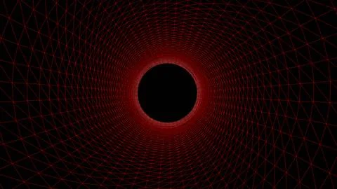Red wireframe tunnel, Abstract wireframe funnel. Abstract dynamic wormhole .. Stock Illustration