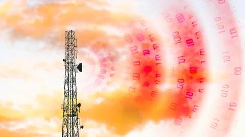 Red Wireless telecom radiation in cloudy sky. Antenna radio waves animation Stock Photos