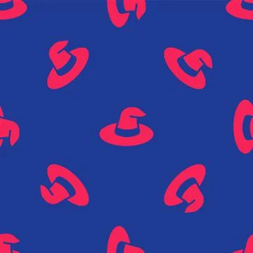 Red Witch hat icon isolated seamless pattern on blue background. Happy Halloween Illustrazione stock