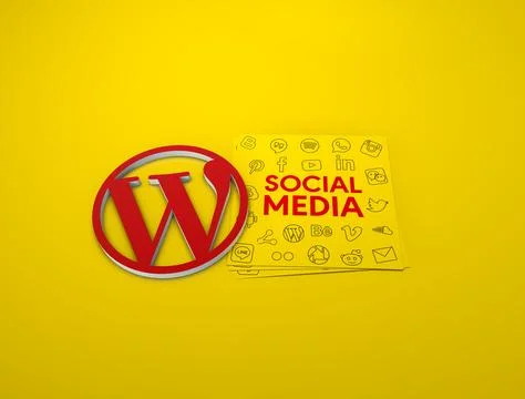 Red WordPress Logo and Social Media papers against a yellow background Stock Illustration