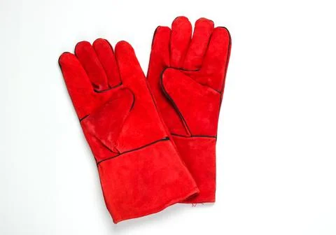Red work gloves isolated on white background Stockfoto's