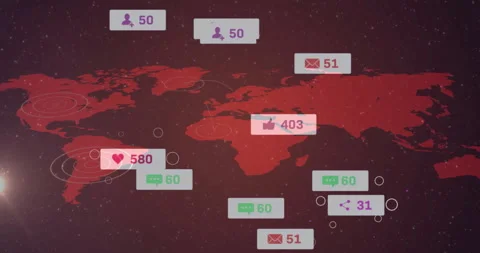 Red world map being visualized over dark backdrop, showing floating social media Stock Footage 309144397