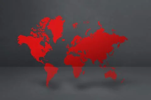 Red world map on black concrete wall background. 3D illustration Stock Illustration