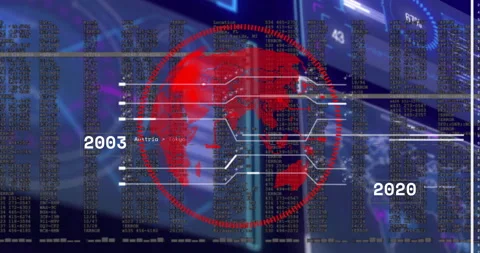 Red world map graphic animating in digital interface, showing code and timeline Stock Footage 307438695