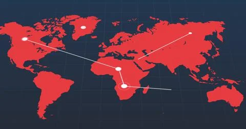 Red world map with moving white network of connected points on dark grey Stock Illustration