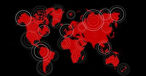 Red world map with radiating white concentric circles over territories on blue Ilustração Stock