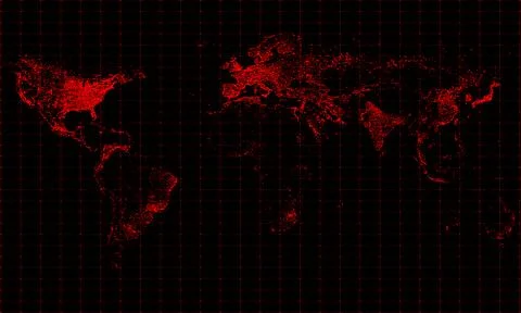 The red world map shows a virus or danger epidemic. The gridlines and red d.. Stock Photos