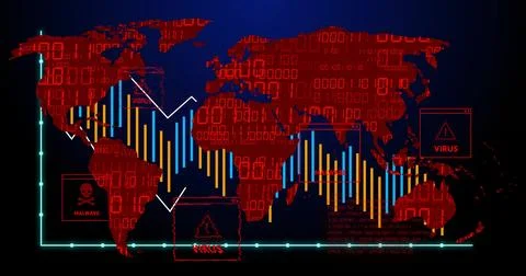 Red world map streaming binary code in dashboard, with bar charts, cyan axes, Stock Illustration