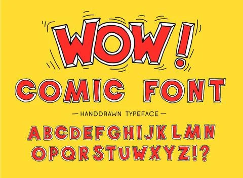 Red wow comic font. Hand Drawn Vector Typeface. Hand Made handwritten Alphabe Stock Illustration