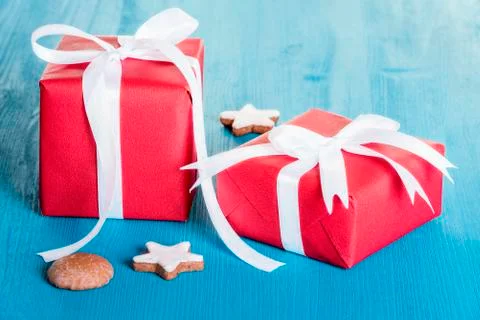 Red wrapped gift boxes Stock Photos
