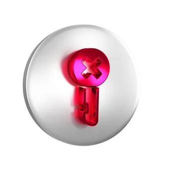 Red Wrong key icon isolated on transparent background. Silver circle button. Illustrazione stock