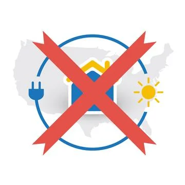 Red X Crossing Over US Map with Solar Home Energy Theme, Concept Banner or .. Ilustração Stock