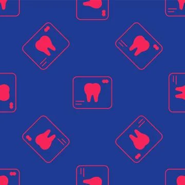 Red X-ray of tooth icon isolated seamless pattern on blue background. Dental x 库存插图