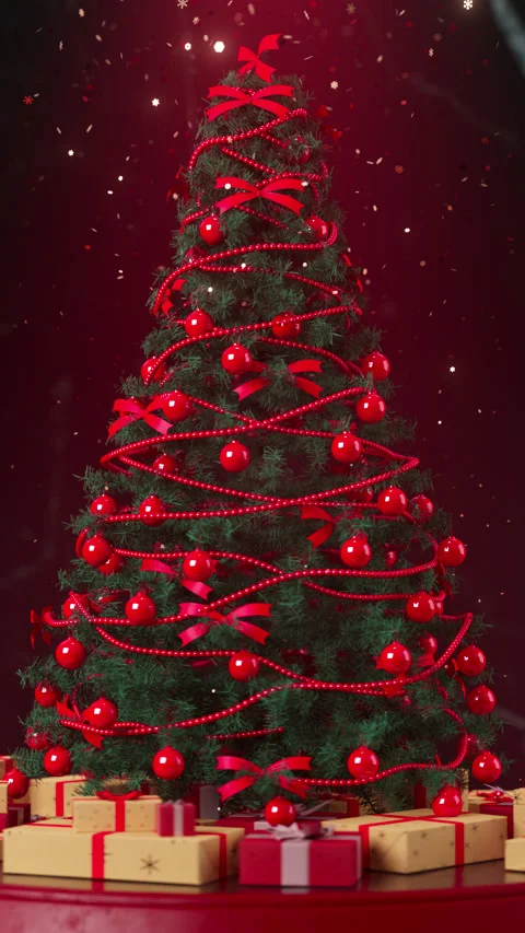 Red Xmas tree on snow globe turning with lots of gifts Vidéo 224291489