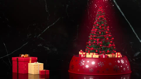 Red Xmas tree on snow globe turning with lots of gifts Video stock 224294169