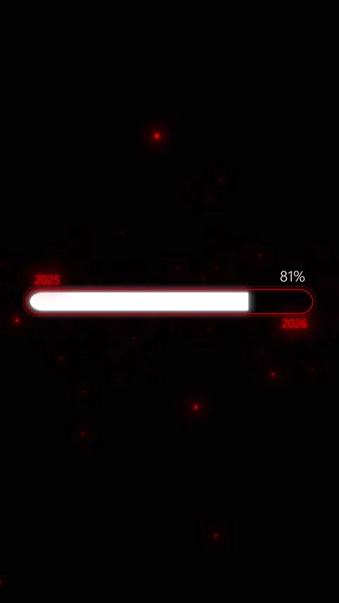 Red year progress bar glowing percentage text, dark particle space, and timeline Stock Footage 340572489