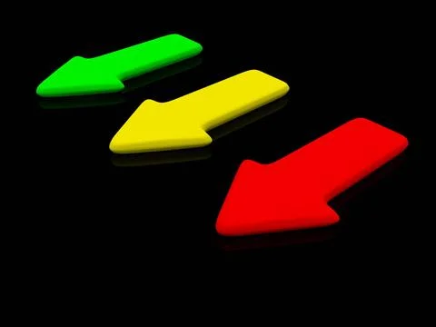 Red yellow green pointer on black. 3d red yellow green pointer on black. 3... 스톡 사진