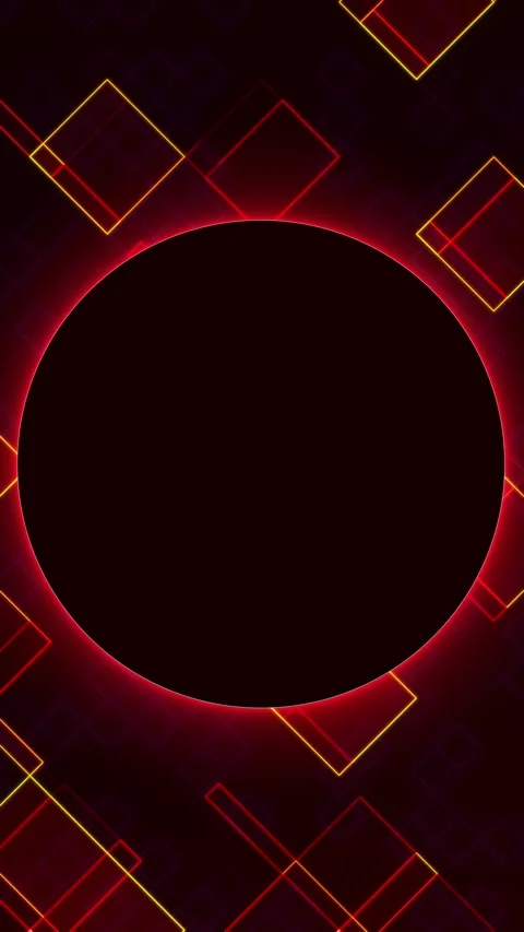 Red yellow neon eclipse circle with glowing geometric square grid on dark t.. Stock Footage 334772678