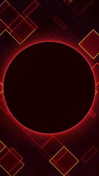 Red yellow neon eclipse circle with geometric square grid, abstract dark te.. Illustrazione stock