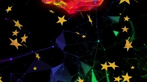 Red-yellow plasma emerging, golden stars drifting inward, polygonal mesh Stock Footage 335739532