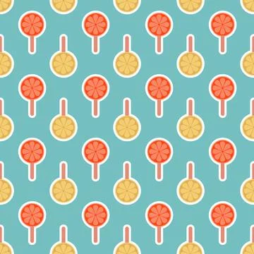 Red yellow popsicles citrus slice ice lolly seamless pattern green cute backg Stock Illustration
