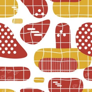 Red, yellow, white seamless pattern with squares, dots, lines, rainbows Stock Illustration