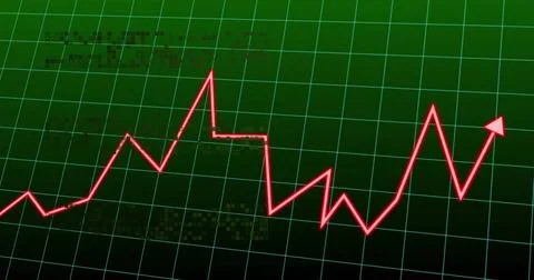 Red zigzag graph with glowing arrowhead moving across green grid on screen, Stock Photos