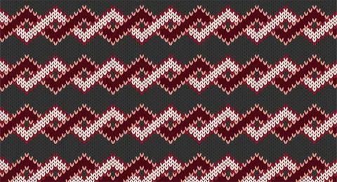 Red zigzag on grey knitted pattern, Festive Sweater Design. Seamless Knitted  イラスト素材
